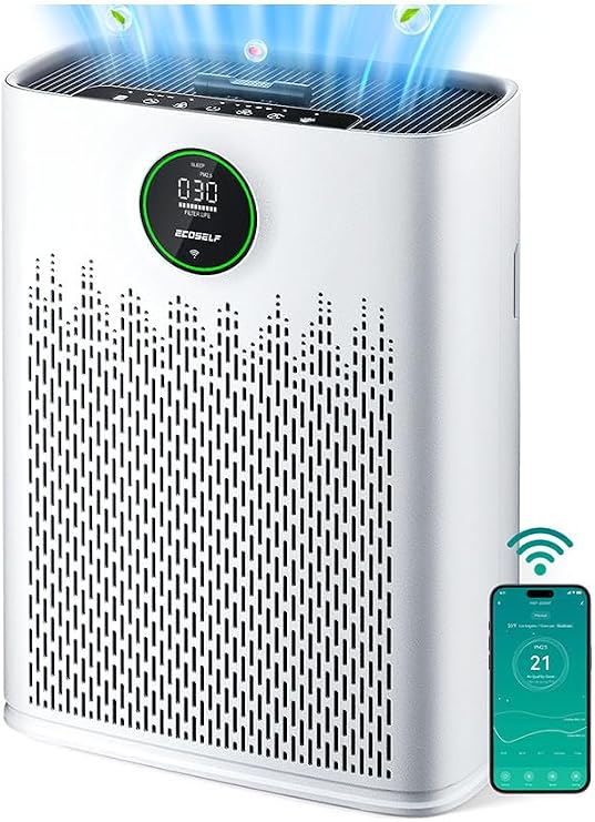 ECOSELF Smart Air Purifier for Home Large Rooms, with WiFi Control, Covers Up to 2400 Ft2, Smart Mode, AQI Display, 22dB Sleep Mode & Aromatherapy with 2X-Power Filtration, HAP603WF, Bright White