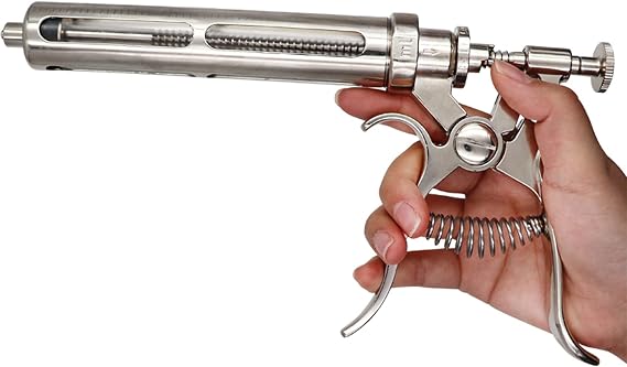 Cattle Syringe Gun Injector, Adjustable Continuous Veterinary Tool for Cattle, Goat, Pig - Syringe 30/50cc Accurate Automatic Dosing - Chrome Plated