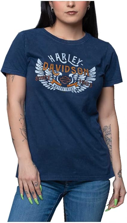 Harley-Davidson Women's Sepia Wing Short Sleeve Crew-Neck T-Shirt, Navy