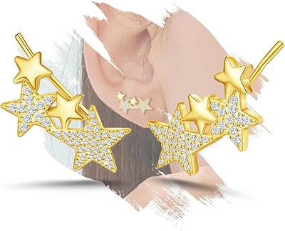 Sterling Silver Star Earrings for Women - Hypoallergenic Cubic Zirconia Stars Ear Climber Earrings Sparkle Star-Shaped Earring Dainty Jewelry Gifts for Christmas Birthday