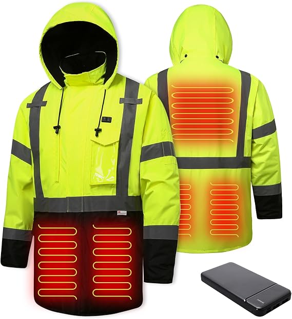 Heated Jacket for Men,3M Reflective safety Heated Parka,Waterproof CLASS 3 Hi-Vis jacket,High Visibility Work Coat