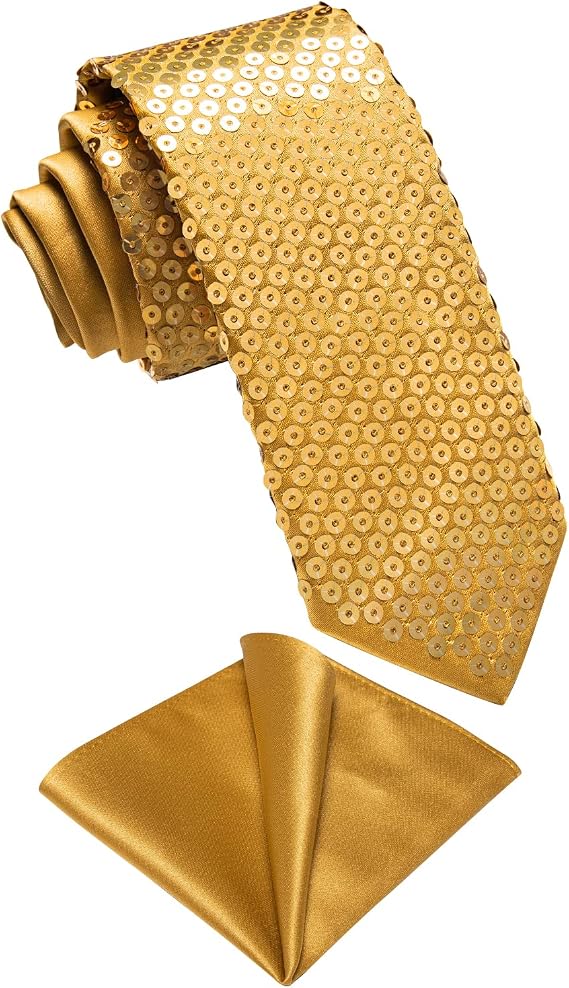 DiBanGu Mens Sequin Skinny Tie Set Solid Necktie for Party Wedding | Satin Slim Style,2.75" Width,Pocket Square,2PCS,Hand-stitched Sequins,Shiny Fabric,Rich Color,Gift Box,for Prom Disco Banquet