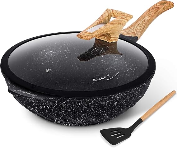 Nonstick Woks And Stir Fry Pans Die-cast Aluminum Scratch Resistant 100% PFOA Free Induction Wok pan with Lid 12.6 Inch - Black
