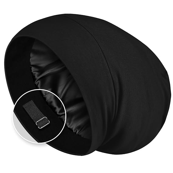 Zenssia Satin Lined Hair Bonnet for Sleeping, Sleep Cap for Women and Men with Adjustable Strap, Stay On All Night Hair Wrap, Black, Pack of 1