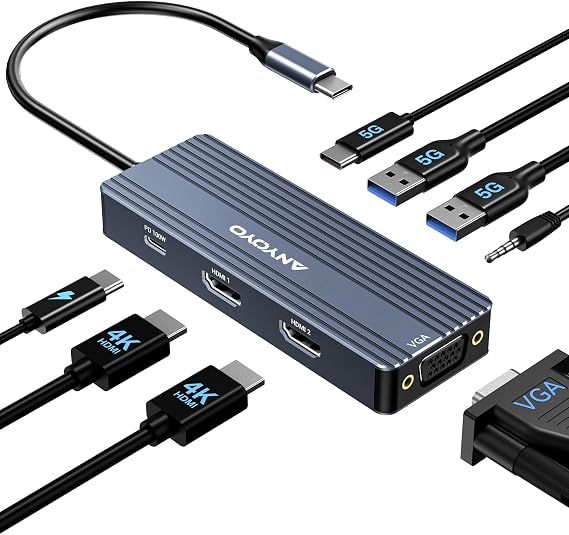 ANYOYO USB C Docking Station Dual HDMI Monitor Adapter 8-in-1 USB C HUB 3 Monitors Adapter with 4K HDMI +VGA +PD100W+Audio Laptop Docking Station for Dell/Lenovo/HP/Samsung/ASUS (Gary)