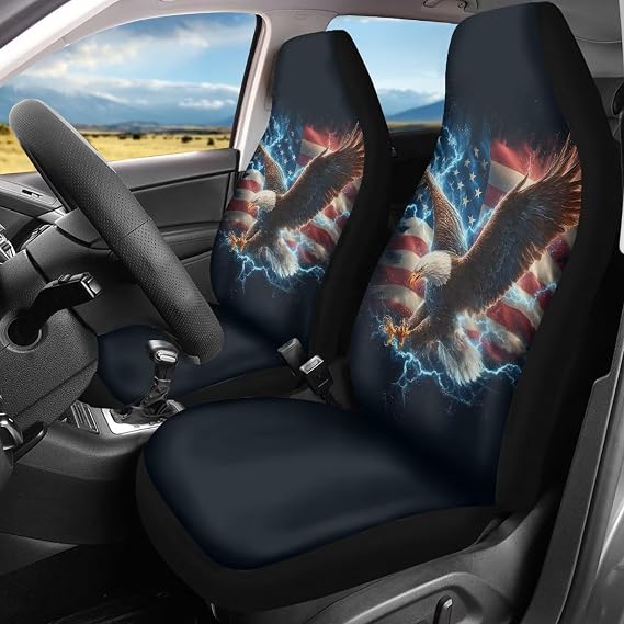 American Flag Print Car Seat Covers for Men Lightning Eagle Print Vehicles Seat Protector Set of 2 Breathable Seat Covers for Most Cars, Sedan, SUV, Van Truck Auto Accessories