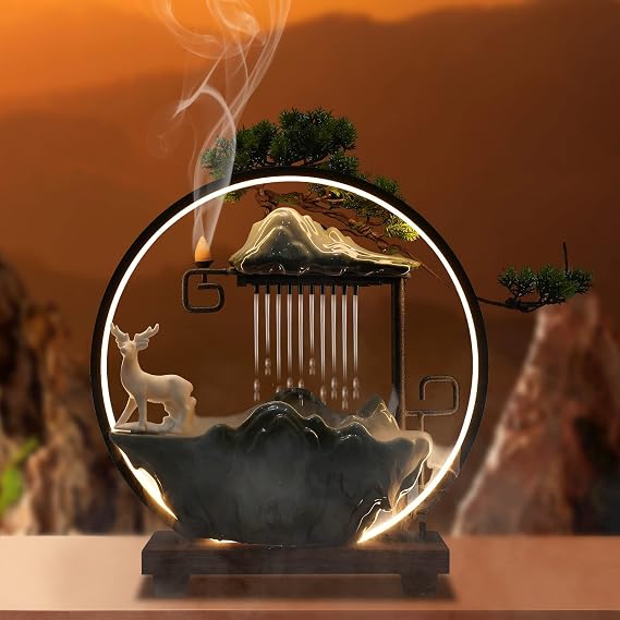 Tabletop Water Fountains, Indoor Waterfall with Atomizer & LED Table Decor Fountain, Indoor Water Fountain with Mist LED Light Incense Burner Waterfall Table Decor for Living Room, Store