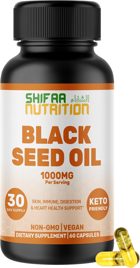 Vegan Halal Black Seed Oil 1000 mg Liquid Capsules, 30 Servings, 60 Ct. Keto-Friendly & Non-GMO. Tasteless Black Seed Oil Supplements for Women & Men. Supports Hair, Skin, Immune & Digestion