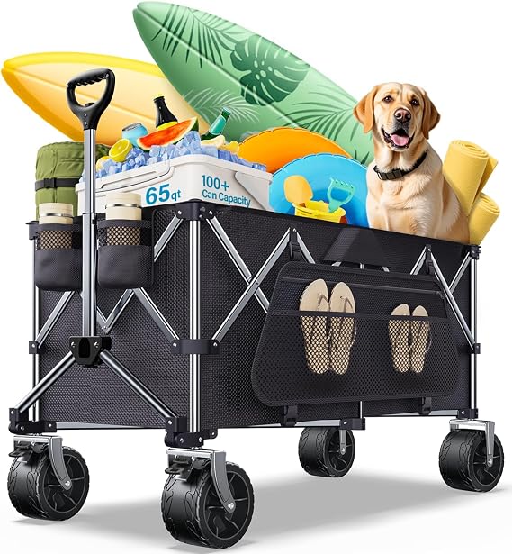 Collapsible Wagon, 440lbs Foldable Wagons Carts with Big Wheels, Heavy Duty Folding Wagon for Beach/Garden/Camping/Grocery-Ink Black