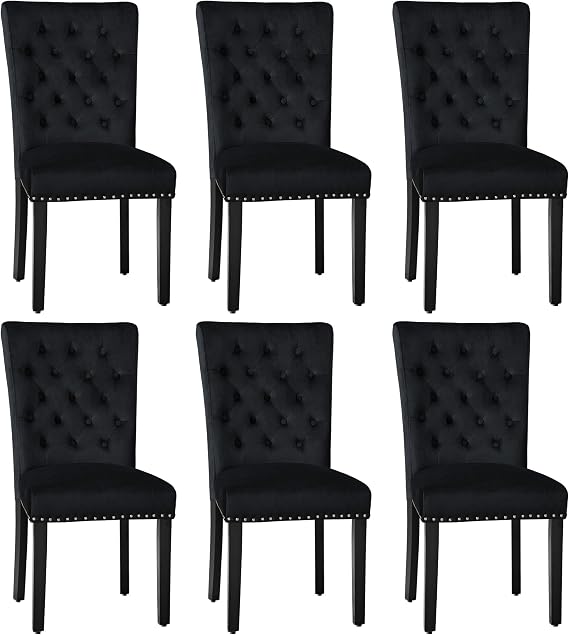 adochr Velvet Dining Chairs Set of 6, Parsons Kitchen Chair, Black | Wooden Legs & Nailed Trim, Upholstered Dining Room Chairs 350 LBS Capacity