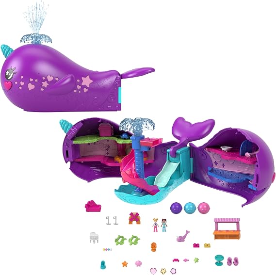 Polly Pocket Sparkle Cove Adventure Dolls & Toy Boat Playset, Narwhal Adventurer with 2 Micro Dolls, 3 Dissolvable Pearls & 13 Accessories, HKV71