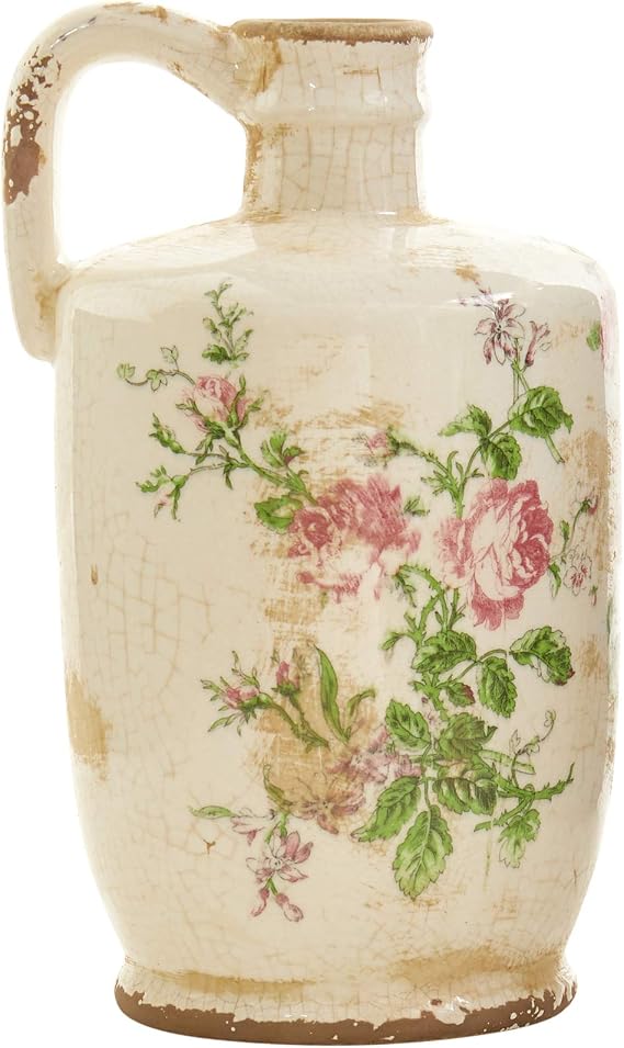 Nearly Natural 10 in Tuscan Ceramic Floral Print Pitcher Vintage Room Decor