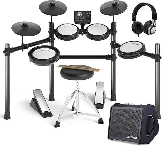 AODSK Drum Set And 35W Amp Bundle for Beginners Includes mesh pads, USB MIDI, throne, headphones, sticks, 15 kits, 195 sounds, plus dual-speaker amp with AUX and recording output.