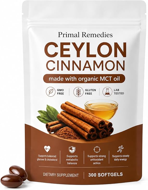 Primal Remedies Ceylon Cinnamon with Mct Oil- 300 SoftGels, Supports Metabolic Balance, Energy & Daily Wellness, Ceylon Cinnamon Organic, Non-GMO Gluten Free
