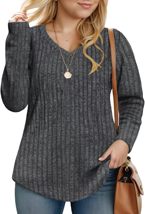 Plus-Size-V-Neck-Womens-Tops Dressy Long Sleeve T Shirts Trendy Lightweight Knit Sweaters Casual Loose Pullover Tunic