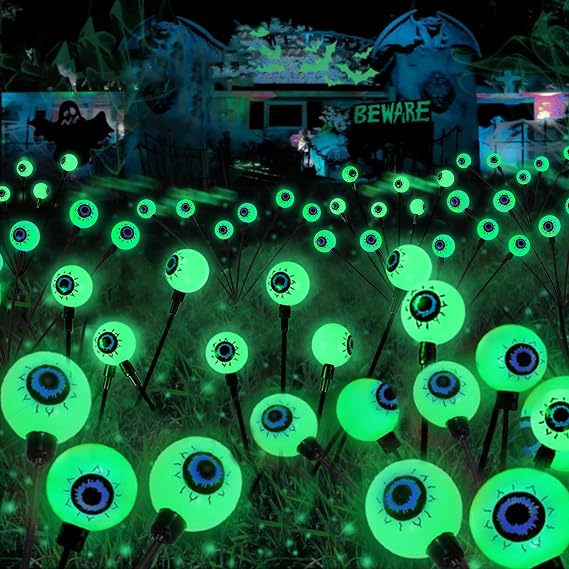 6Pack 36LED Halloween Decorations Outdoor Solar Eyeball Lights, Waterproof Swaying Firefly Lights, Solar Path Lights Halloween Lights for Halloween Party Garden Yard Pathway Grave Ghost Decor (Green)