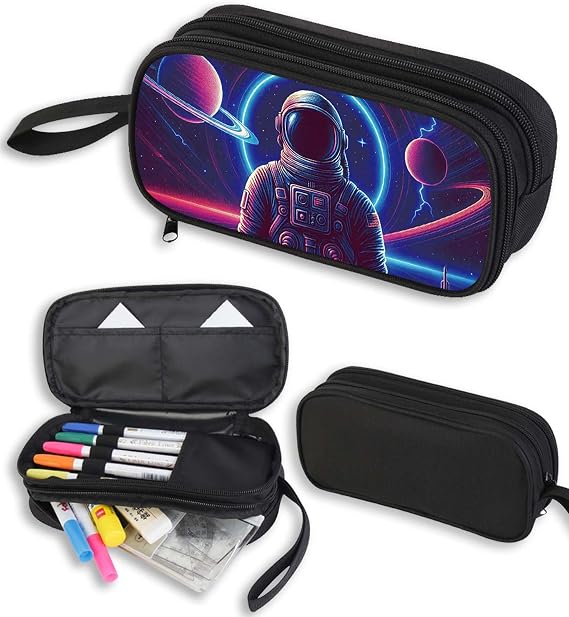Astronaut Pencil Case for Boys Girls, Large Pencil Pouch for Kids and Students, Double Zipper with Pen Bag Organizer, Polyester Big Capacity Pen Box for Children Age 6+