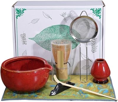 Matcha bowl set, 7-piece matcha whisk set, Japanese ceramic matcha bowl, matcha bowl with pourer, for brewing matcha, tea, preparation accessoriesYellow Red One Size