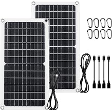 15W 5V Solar Panel 2pack, Flexible & Waterproof USB C Solar Charger with Micro-USB/Lightning Port, 4-Core Cable & No Reverse Current for Camping, Outdoor Camera, Fan, Water Pump