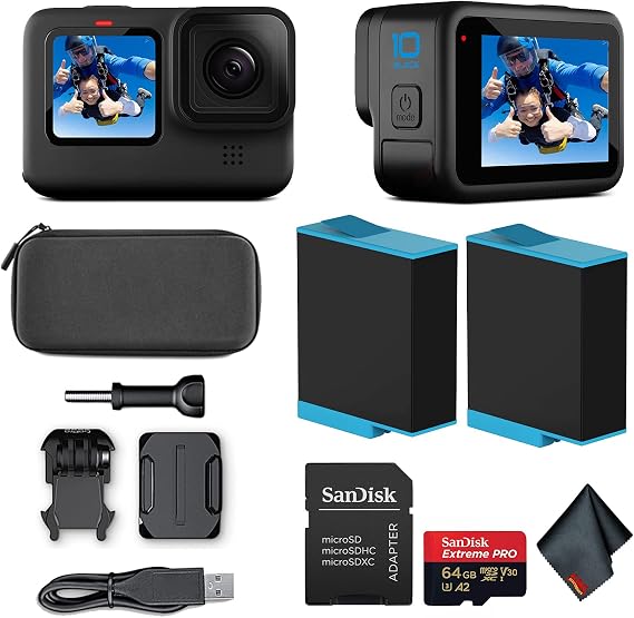 GoPro HERO10 (Hero 10) Black - Waterproof Action Camera with Front LCD and Touch Rear Screens, GP2 Engine, 5K HD Video, 23MP Photos, Live Streaming, + 64GB Extreme Pro Card and Extra Battery