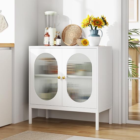 Freestanding Sideboard Cabinet with Fluted Glass Doors, 2-Door Storage Cabinet with Adjustable Shelf, Solid Wood Legs for Living Room, Dining Room, Kitchen, Hallway, 80 x 40 x 83 cm, White