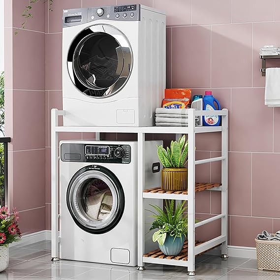 Washing Machine Rack,3 Tier Over Washer and Dryer Shelves,Laundry Room Storage and Organizer Standing Shelf,Washer Dryer Stacking Rack Stand,Drum Washing Machine Cabinet,for Washer(White-A)