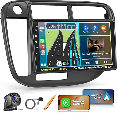 5G WiFi Car Radio for Honda Civic 1996-2001 with Wireless Carplay & Android Auto, 464GB Android 13 Civic Screen with Voice Control Bluetooth 5.2 FM SWC DSP EQ GPS Backup Camera Mirror Link