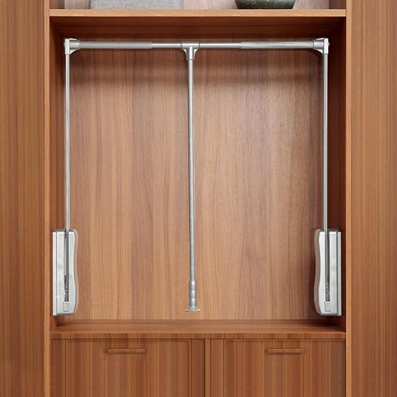 Pull Down Wardrobe Rail Adjustable Width 890mm to 1210mm Pull Down Hanging Rail for Wardrobe Heavy Duty Pull Down Clothes Rail Lift for Closet Load Capacity 12kg