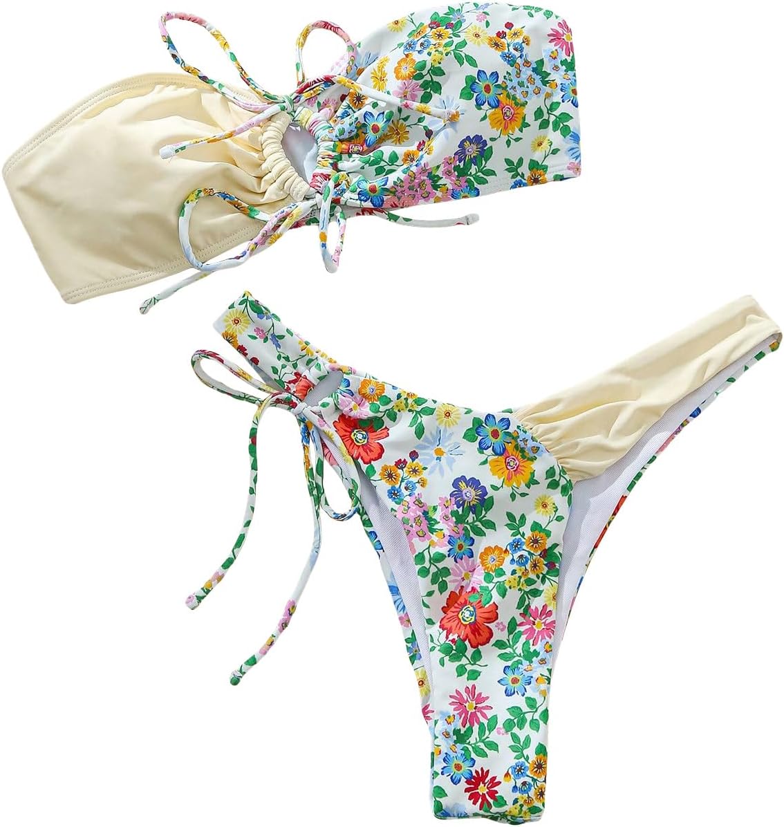 SHENHE Womens Strapless 2 Piece Swimsuits Floral Colorblock Lace Up Bandeau Bikini Set
