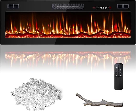 BOSSIN 50 Inch Ultra-Thin Silence Linear Electric Fireplace, Recessed and Wall Mounted Fireplace, Fireplace Heater with 12 Adjustable Flame Color, Remote Control, Log & Crystal Options, 750/1500W