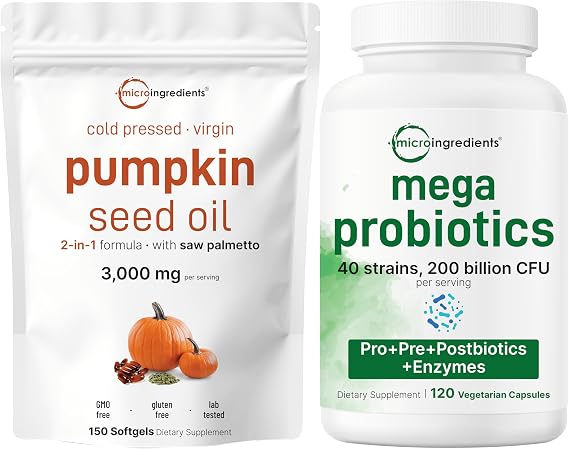 Micro Ingredients Pumpkin Seed Oil with Saw Palmetto 3,000mg Softgels & Mega Probiotics 200 Billion CFU Veggie Capsules | 2 Pack | Cold Pressed Virgin Oil | 40 Strains + Inulin, Acacia, Bromelain