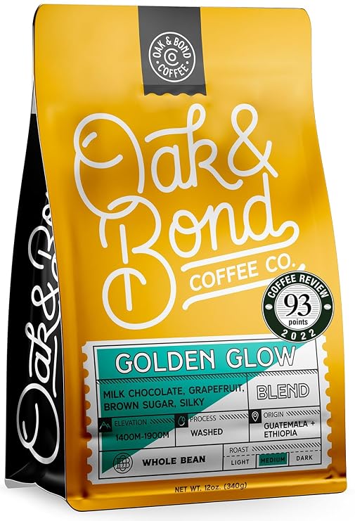 Oak & Bond Coffee Co. Golden Glow Blend Medium Roast, 100% Arabica Guatemala and Ethiopia Coffee Blend, Whole Bean 12 oz.