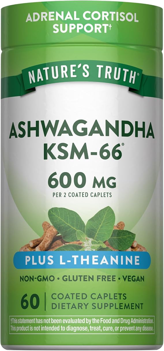 Nature's Truth KSM-66 Ashwagandha | 60 Caplets | with L-Theanine | Vegan, Non-GMO, Gluten Free Supplement