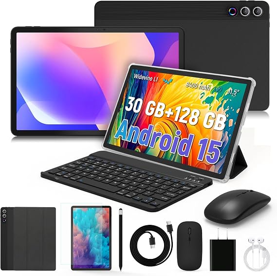 Tablet 11.5 inch Tablets Android 15, Octa-Core Processor, 30GB RAM 128GB ROM 1TB Expand, 5G WiFi 6, 2000 x 1200 HD/Dual 8MP+13MP Camera/Bluetooth 5.0, Android Tablet with Keyboard Mouse Case