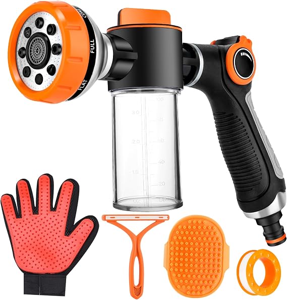 Dog Washing Hose Attachment Upgrade 8-in-1 Sprayer, Grooming Glove & Brush
