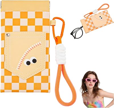 Atlodas Magnetic Glasses Bag with Lanyard, Cute Squeeze Top Sunglass Pouch, Portable Soft Leather Sunglass Case