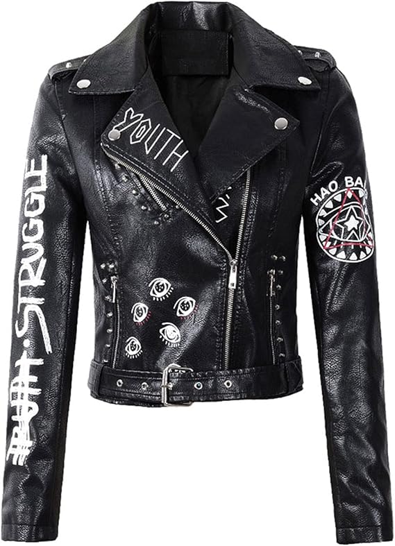 LY VAREY LIN Women's Print Faux Leather Punk Jacket Biker Motorcycle Jacket with Belt