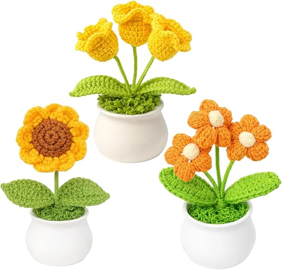 3Pcs Knitted Flowers & Crochet Flowers Bouquet, Crochet Flowers, Handmade Artificial Flower Decor for Home Decoration & Gifting