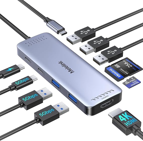 USB C Hub Multiport Adapter, Melelink 10-in-1 USBC Hub 4K@60Hz HDMI, USBC Dock with 6 USB Data Ports, 100W PD, SD/TF, USB-C Splitter Aluminum Type C Dongle for Macbook Air Pro,Dell,HP,Lenovo and More