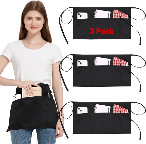 3 Pack Waist Apron with 3 Pockets, Black Waitress Waiter Aprons for Women Man, Water Resistant Server Aprons Long Straps Bistro Apron for Chef Restaurant Work Bar