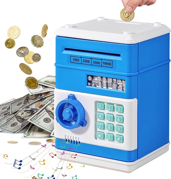 Blue Piggy Bank for Kids Age 3-12 Birthday Gift | Electronic Money Box Cash Coin Can ATM Bank