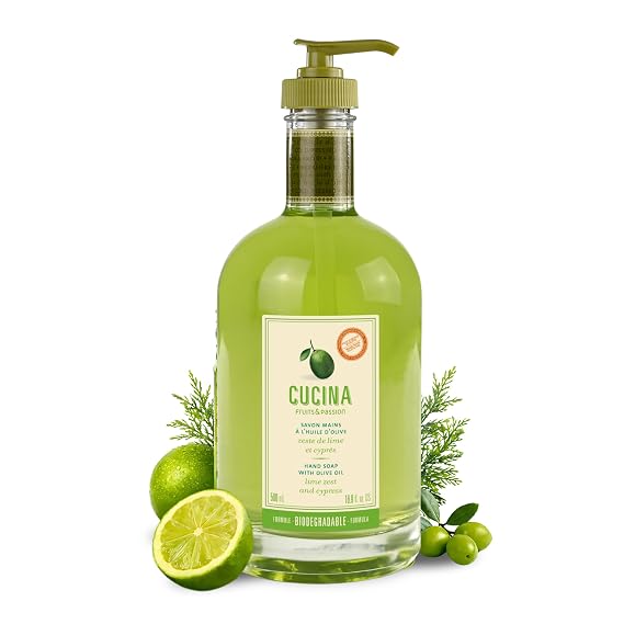 Cucina Fruits & Passion Kitchen Hand Soap, Lime Zest & Cypress, Natural Liquid Soap with Cold-Pressed Olive Oil, Moisturizing Formula in Refillable Glass Hand Soap Dispenser, 16.9 fl oz