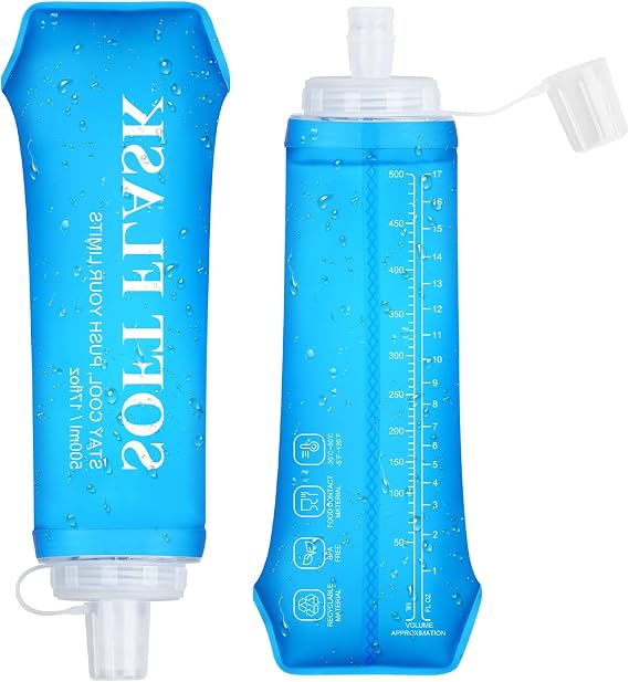 Euqvunn Collapsible Water Bottle 2PCS, BPA-Free Reusable Soft Flask 500ml with Leakproof Cap, Foldable Water Bottle for Running, Walking, Hiking, Camping Cycling
