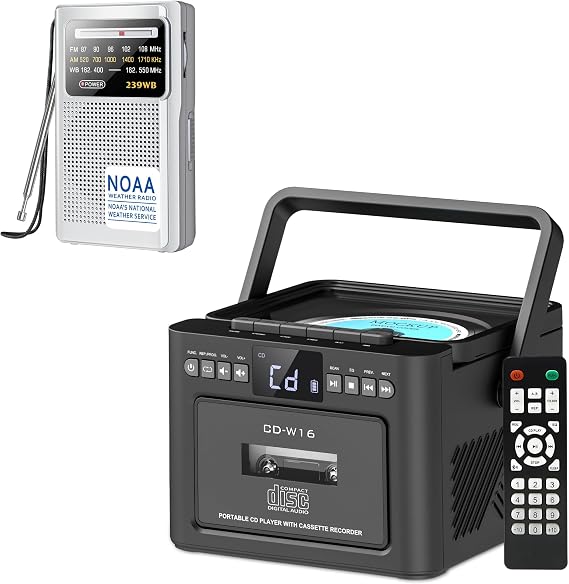 Rechargeable CD Player Boombox Bluetooth Cassette Player Combo + NOAA Weather Radio