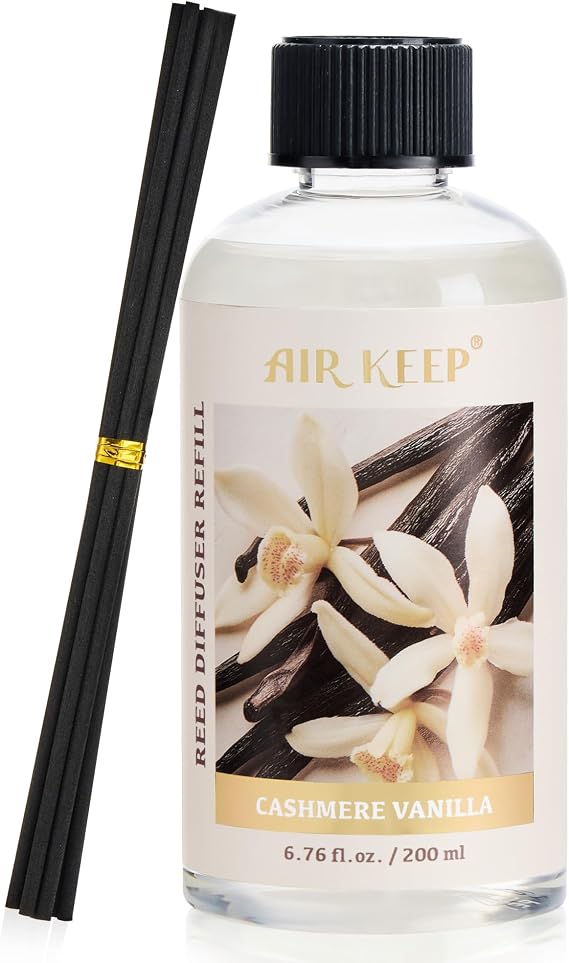 Airkeep Reed Diffuser Oil Refill with Diffuser Sticks, 6.76 Fl Oz(200ml) Cashmere Vanilla Scented Oils, Aroma Therapy, Home Fragrance & Air Freshener, Office Decor, Decoration