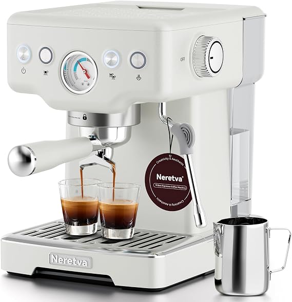 Neretva Stainless Steel Espresso Machine with Visible Pressure Guage-White | 15 Bar Professional Espresso Maker with Powerful Milk Frother and LED Display for Home Baristas to Make Latte, Cappuccino