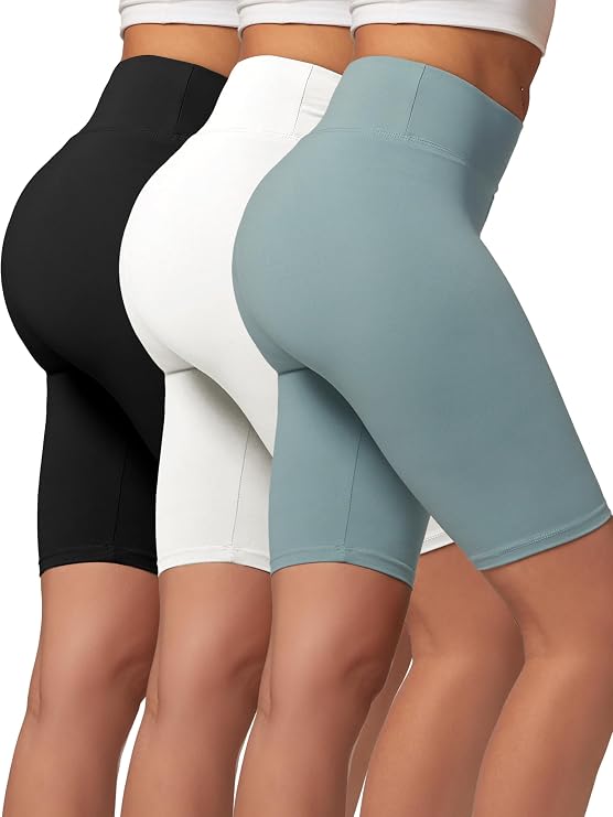 Conceited 3-Pack High Waisted Biker Shorts for Women - Black, White, Sea Blue - (Small - Medium)