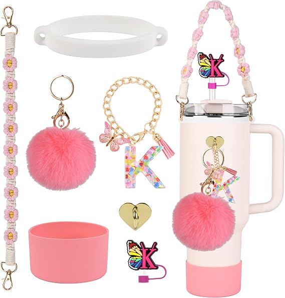 Stanley Cup Accessories Set, Stanley 30 oz 40 oz Tumbler Accessories, Including Silicone Straw Cover Cap and Boot, Water Bottle Handle Strap, Elastic Silicone Ring, Letters Keychain Handle Charm (K)