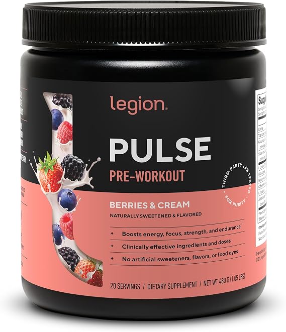 LEGION Pulse - All Natural Nitric Oxide Preworkout Drink to Boost Energy, Creatine Free, Naturally Sweetened, Beta Alanine, Citrulline, Alpha GPC (Berries and Cream)