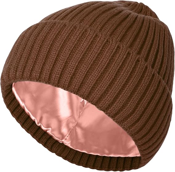 Womens Satin Lined Beanie Knit Winter Hats for Women Men Silk Lining Soft Warm Cuffed Beanie Skull Stocking Cap